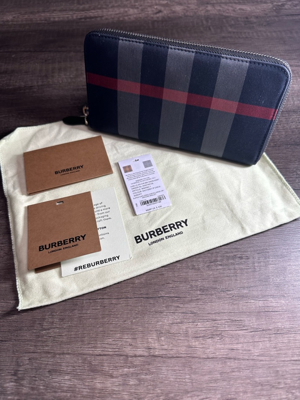 Burberry Zip-Around Wallet in Black with Red and Gray Stripe